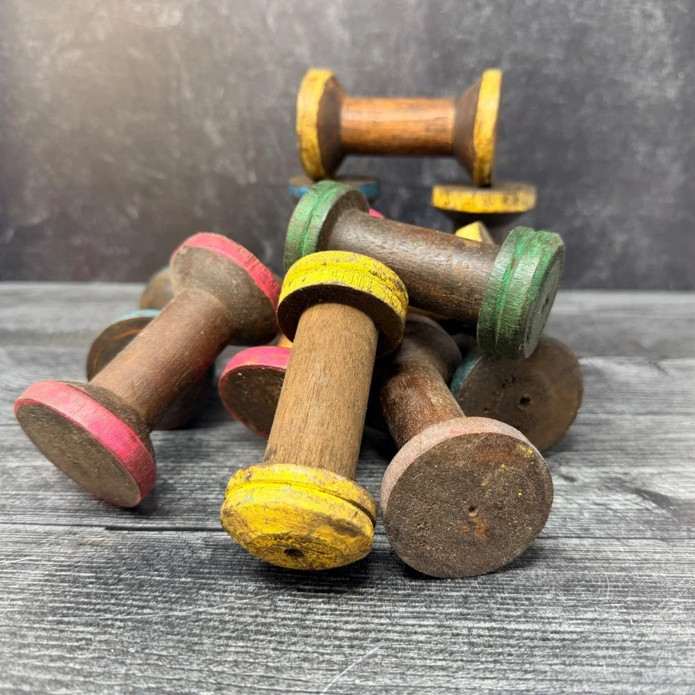 Vintage Small Wood Wooden Spool Rustic Textile Bobbin Decor Handmade 3.5